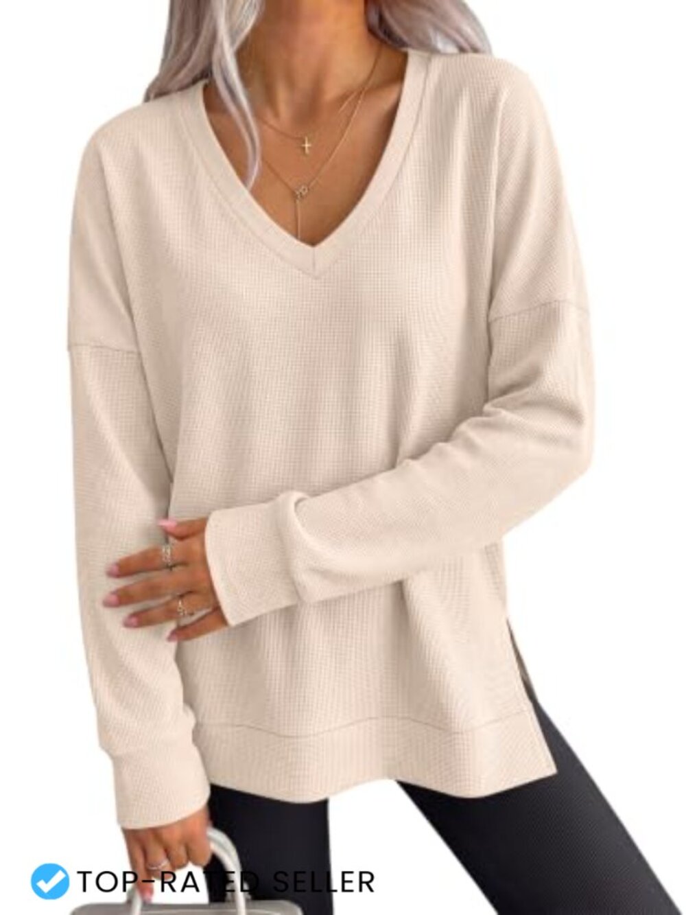 Waffle Knit Tunic Top Long Sleeve V-Neck Pullover Loose Fit Casual